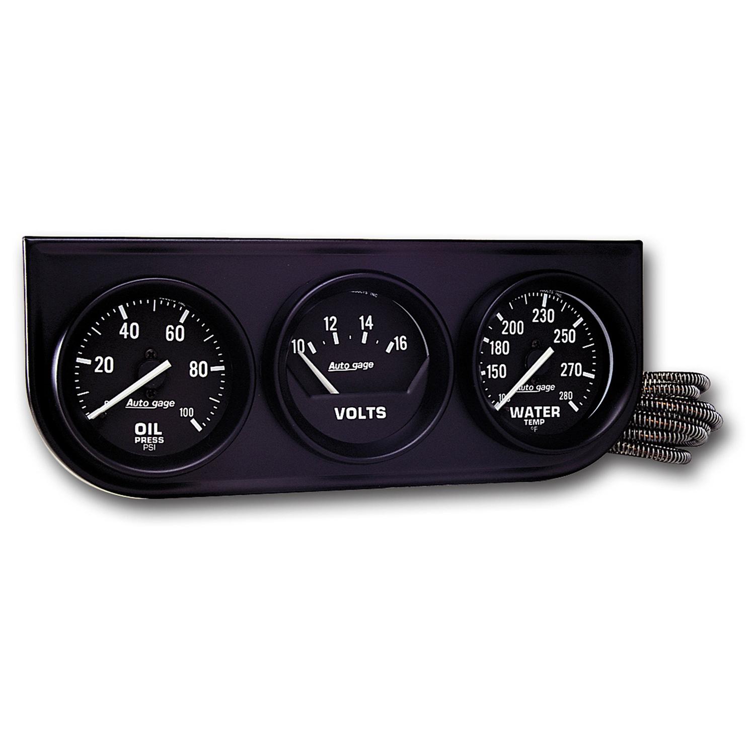Auto Meter GAUGE CONSOLE, OILP/WTMP/VOLT, 2-1/16", 100 PSI/280 °F/18V, MECH BLK DIAL, BLK BZL, AG - 2397
