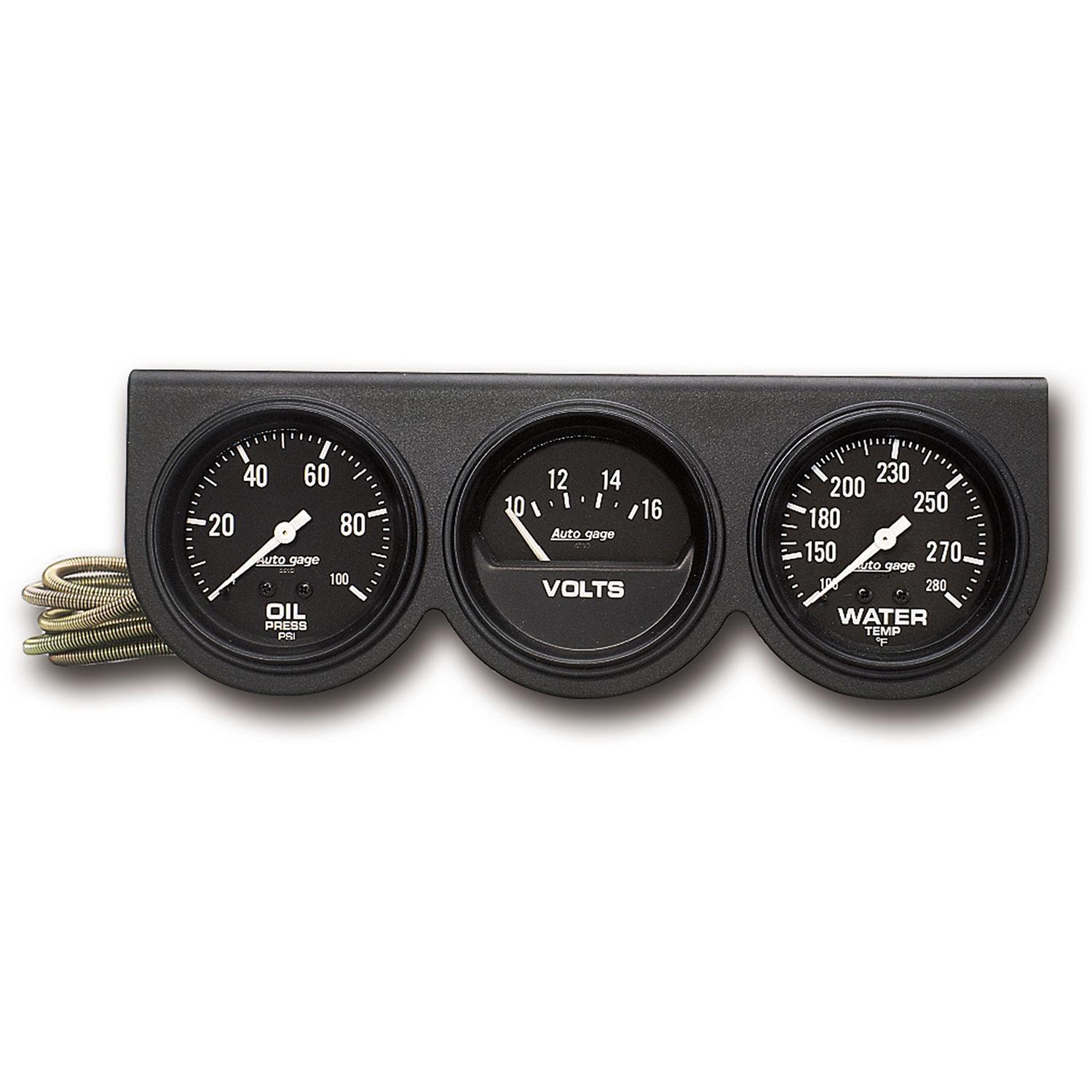 Auto Meter GAUGE CONSOLE, OILP/WTMP/VOLT, 2-5/8", 100 PSI/280 °F/16V, BLK DIAL, BLK BZL, AG - 2398