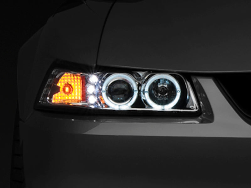 Raxiom 99-04 Ford Mustang Dual LED Halo Projector Headlights- Chrome Housing (Clear Lens) - 49114