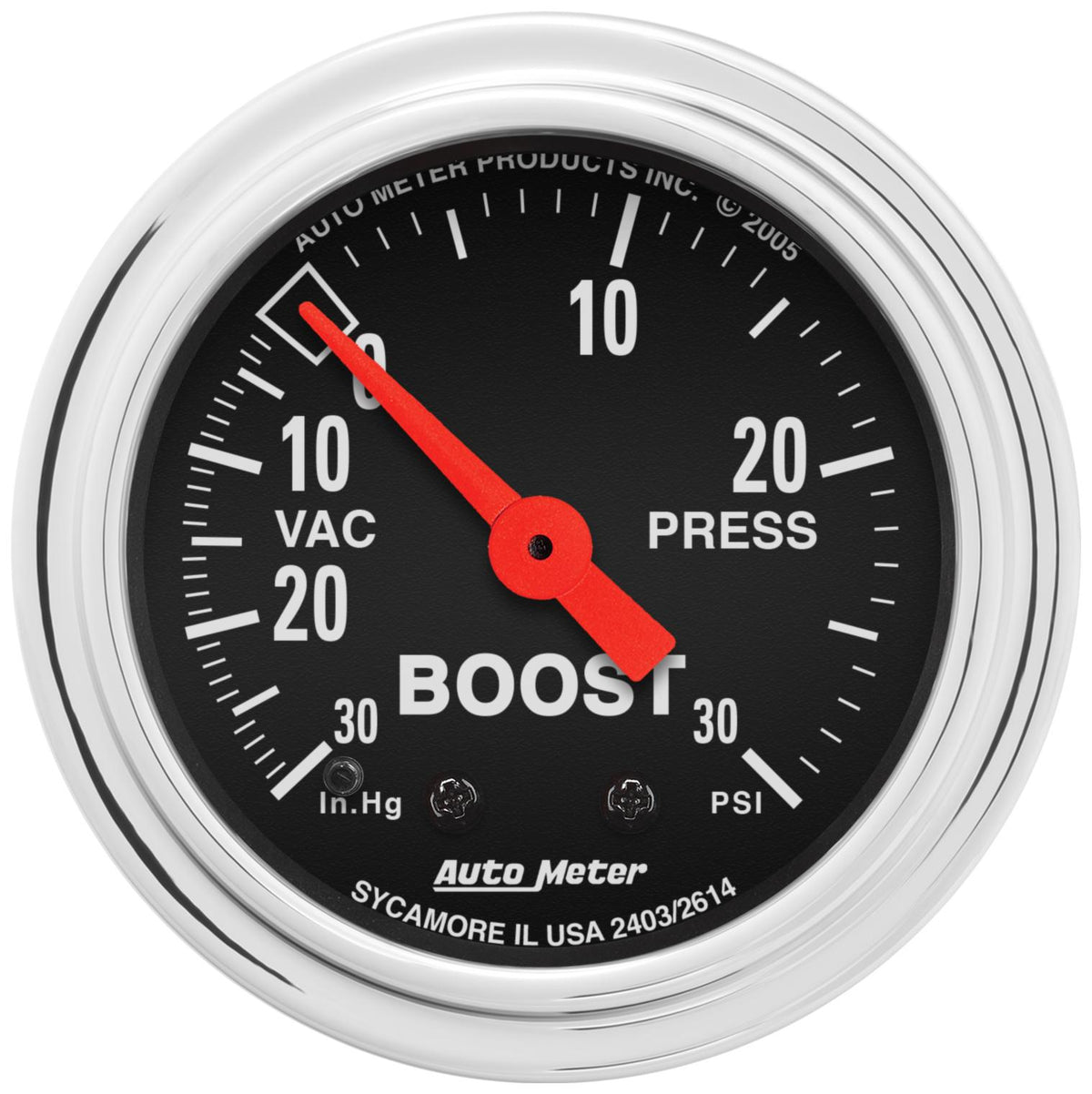 Auto Meter 2-1/16" BOOST/VACUUM, 30 IN HG/30 PSI, TRADITIONAL CHROME - 2403