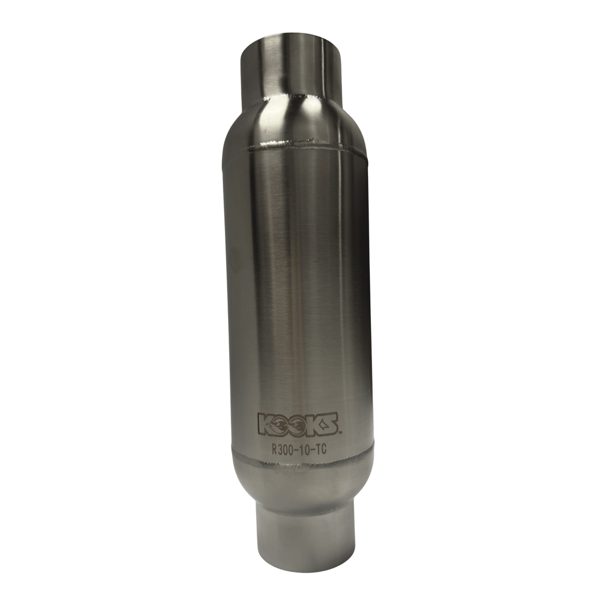 Kooks 3” Round Muffler with Tri-Core Insert. 10” Long Body. Polished Stainless Steel. - R300-10-TC