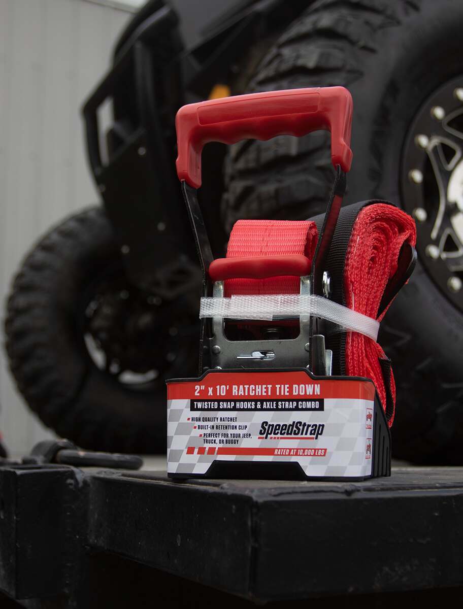 SpeedStrap 2 Inch x 10' Ratchet Tie Down w/ Twisted Snap Hooks and Axle Strap Combo Red - 27013