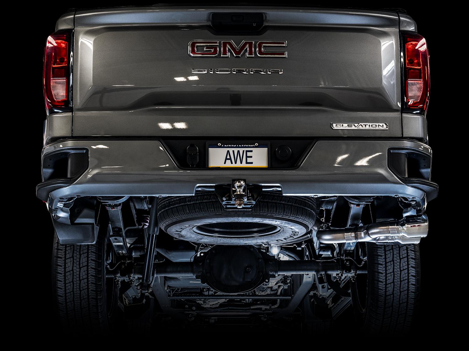 AWE 0FG Catback Dual Side Exit Exhaust for 4th Gen Silverado/Sierra 1500 5.3L (Flat Bumper) - Chrome Silver Tips - 3015-22207