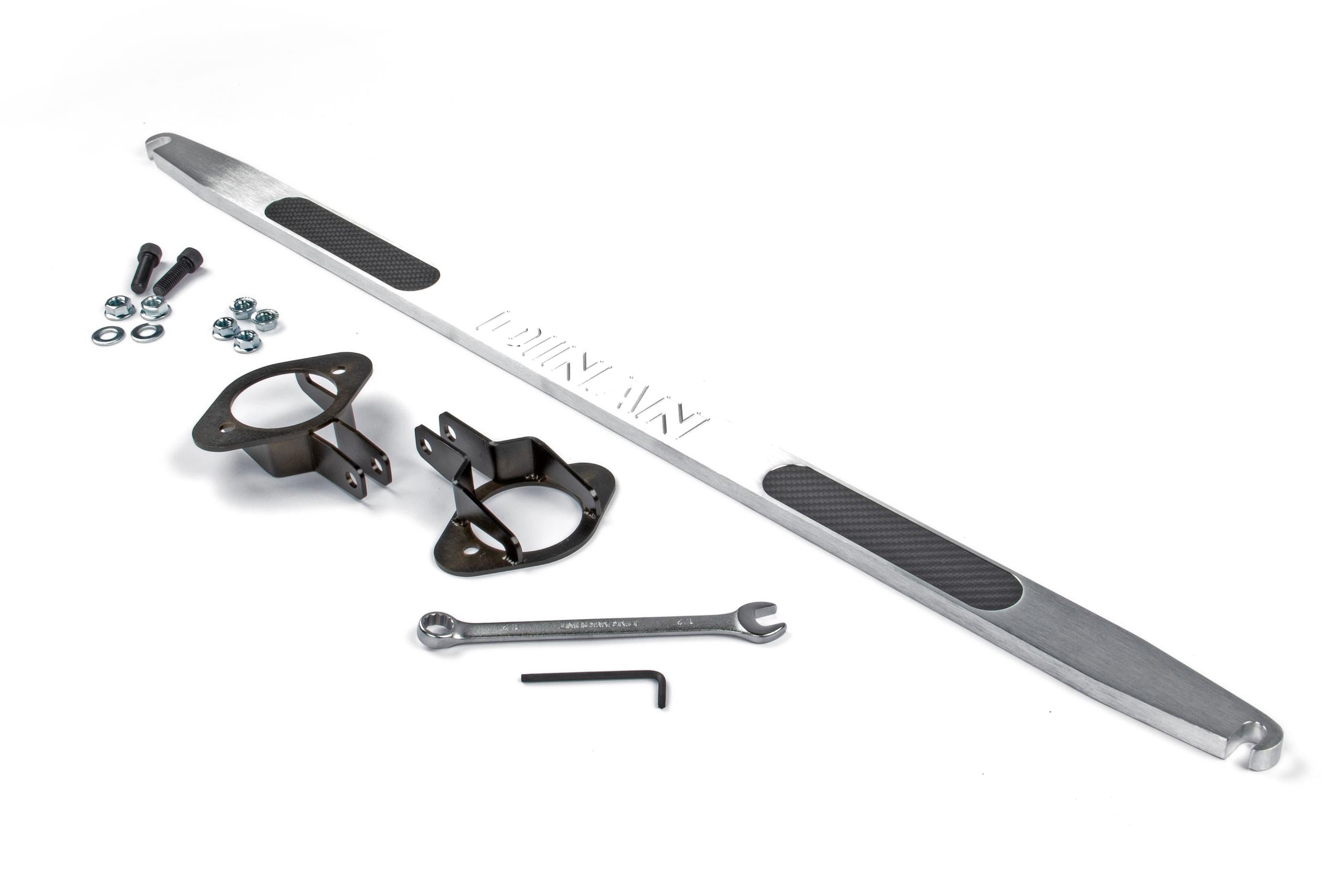 Dinan Strut Tower Brace; Rear; Brushed Aluminum And Carbon Fiber Braces; Machined End Brackets; (1997-1999 323i,1994-1999 M3,1992-1997 325i,1992-1999 318i,1996-1997 328i) - D180-0372