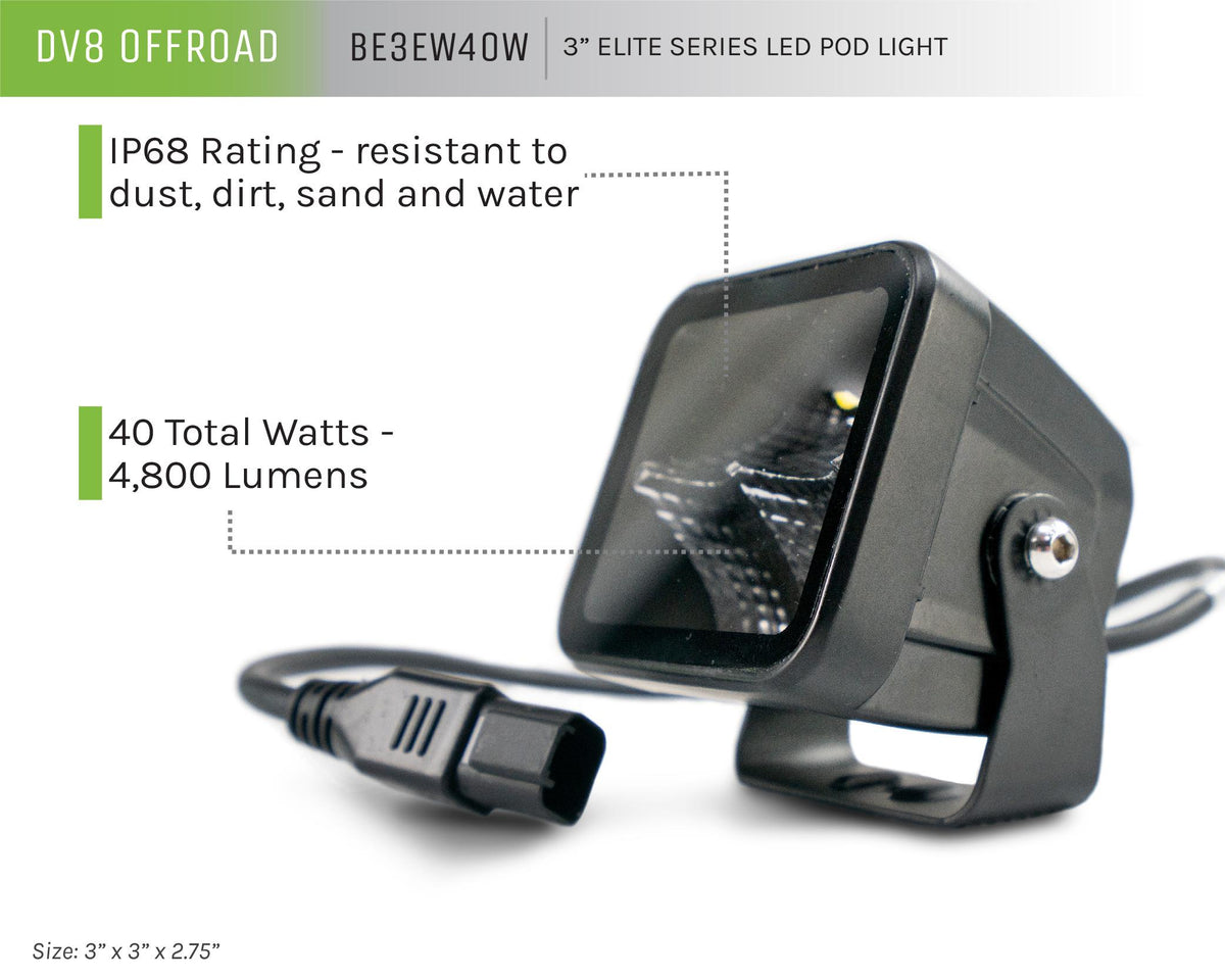 DV8 Offroad Universal 3 Inch Cube Led Light With Flood Pattern And Post Mount - BE3EW40W