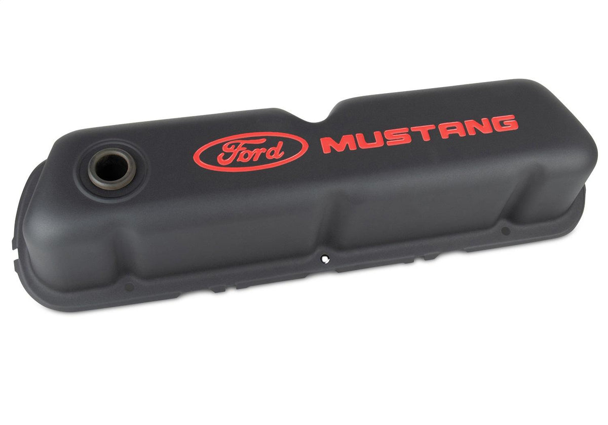 Ford Performance "Ford Mustang" Logo Stamped Steel Valve Covers - Black Crinkle - 302-101