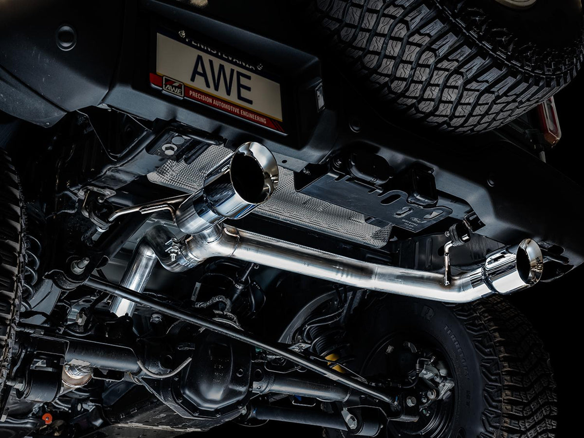 AWE 0FG 3" Catback Exhaust with BashGuard (2021-2025 Ford Bronco 2.3L / 2.7L) - Dual 4.5" Chrome Silver Tips - 3015-32456