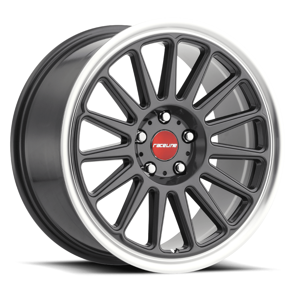 Raceline Wheels Aluminum Wheels 17x8 Grip 315G Machined Lip-Red Logo Gloss Gunmetal Grray Multi Spoke 40 Offset 4 on 114.3 Bolt Pattern 72.6 Bore Raceline - 315G-78044+40