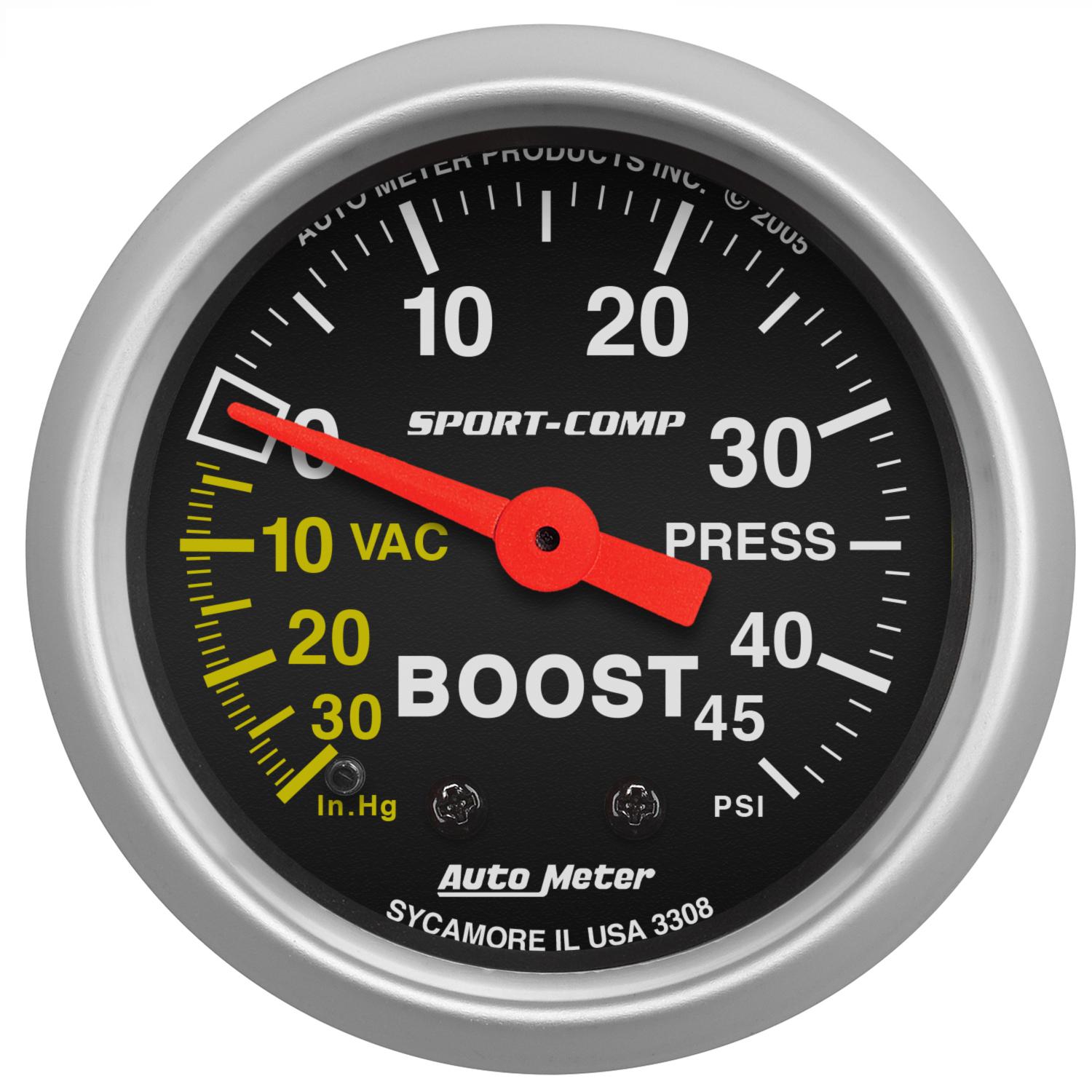 Auto Meter 2-1/16" BOOST/VACUUM, 30 IN HG/45 PSI, SPORT-COMP - 3308