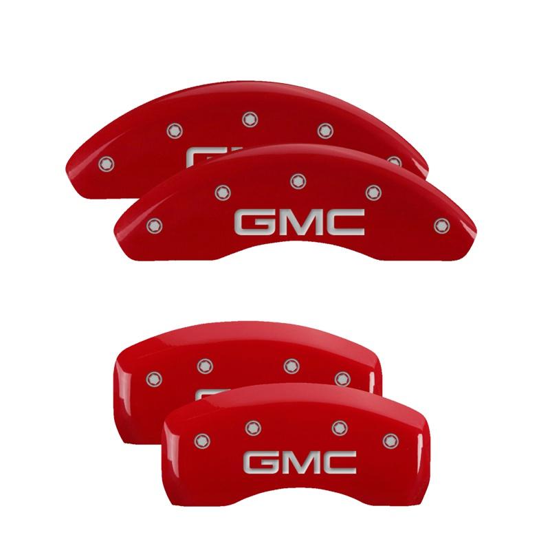 MGP Set of 4 caliper covers, Engraved Front and Rear: GMC, Red powder coat finish, silver characters. (2010-2017 Terrain Denali, Terrain SLE, Terrain SL, Terrain SLT) - 34002SGMCRD
