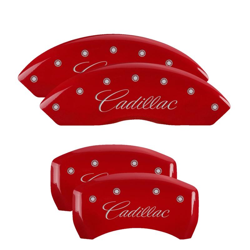 MGP Caliper Covers Set Of 4: Red Finish, Silver Cadillac (Cursive) (2017-2020 XT5 Premium Luxury, XT5 Luxury, XT5 Base, XT5 Platinum) - 35025SCADRD