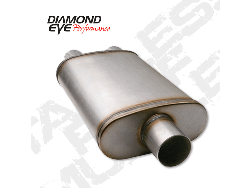 Diamond Eye Performance Diesel Muffler 28 Inch Oval 3.5 Inch Single Inlet/Dual Outlet Stainless Performance Perforated Diamond Eye - 360011