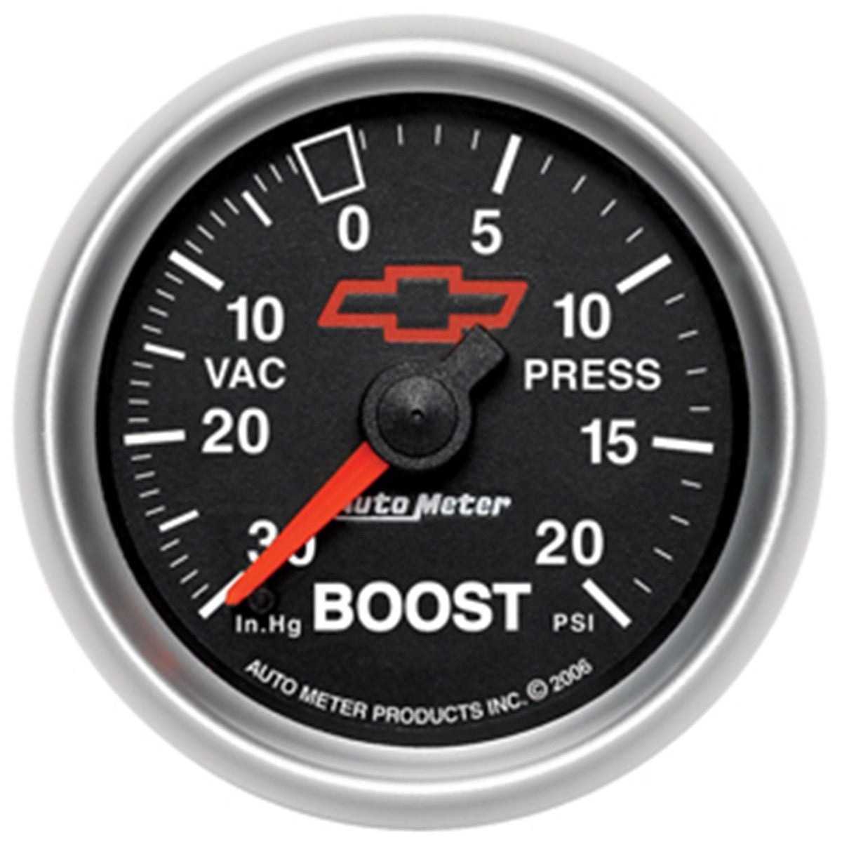 Auto Meter 2-1/16" BOOST/VACUUM, 30 IN HG/20 PSI, CHEVY RED BOWTIE, BLACK - 3607-00406