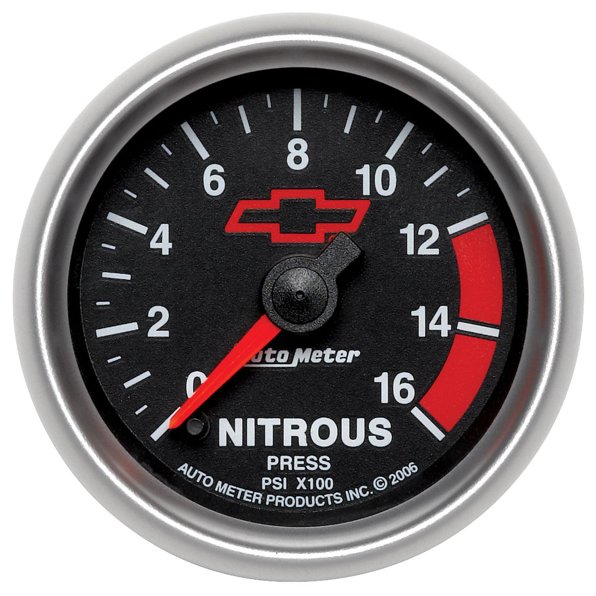 Auto Meter 2-1/16" NITROUS PRESSURE, 0-1600 PSI, CHEVY RED BOWTIE, BLACK - 3674-00406