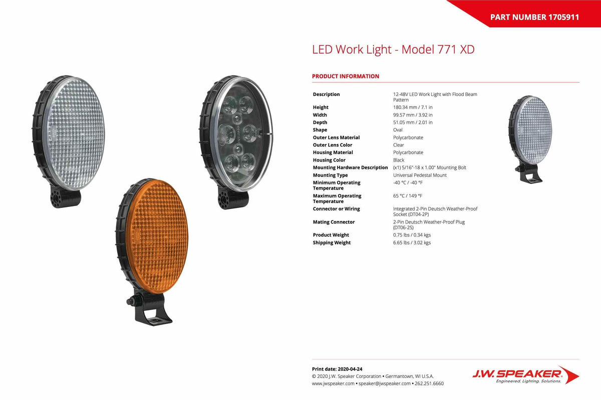 JW Speaker : 771F-12/48V XD LED Worklamp w/Harness (Universal) - 1705911