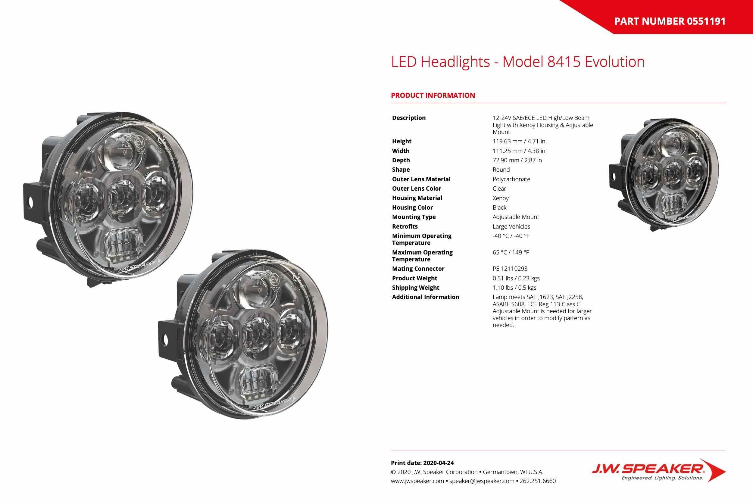 JW Speaker : 8415-EV 12/24V Highbeam/Lowbeam Rigid Mount (Universal) - 551761