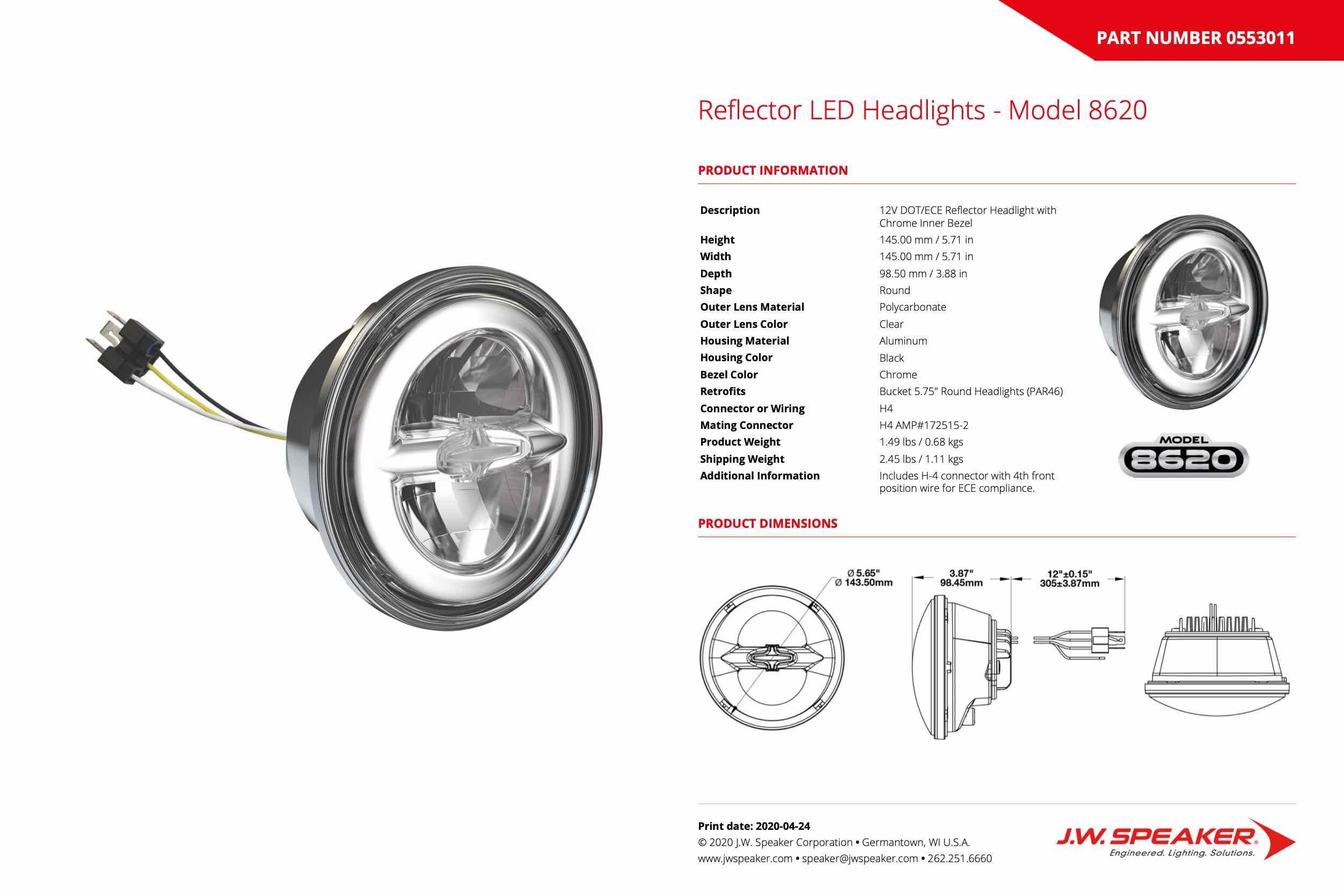 JW Speaker : 8620 - 12V LED Headlight (CHROME) (Universal) - 553011