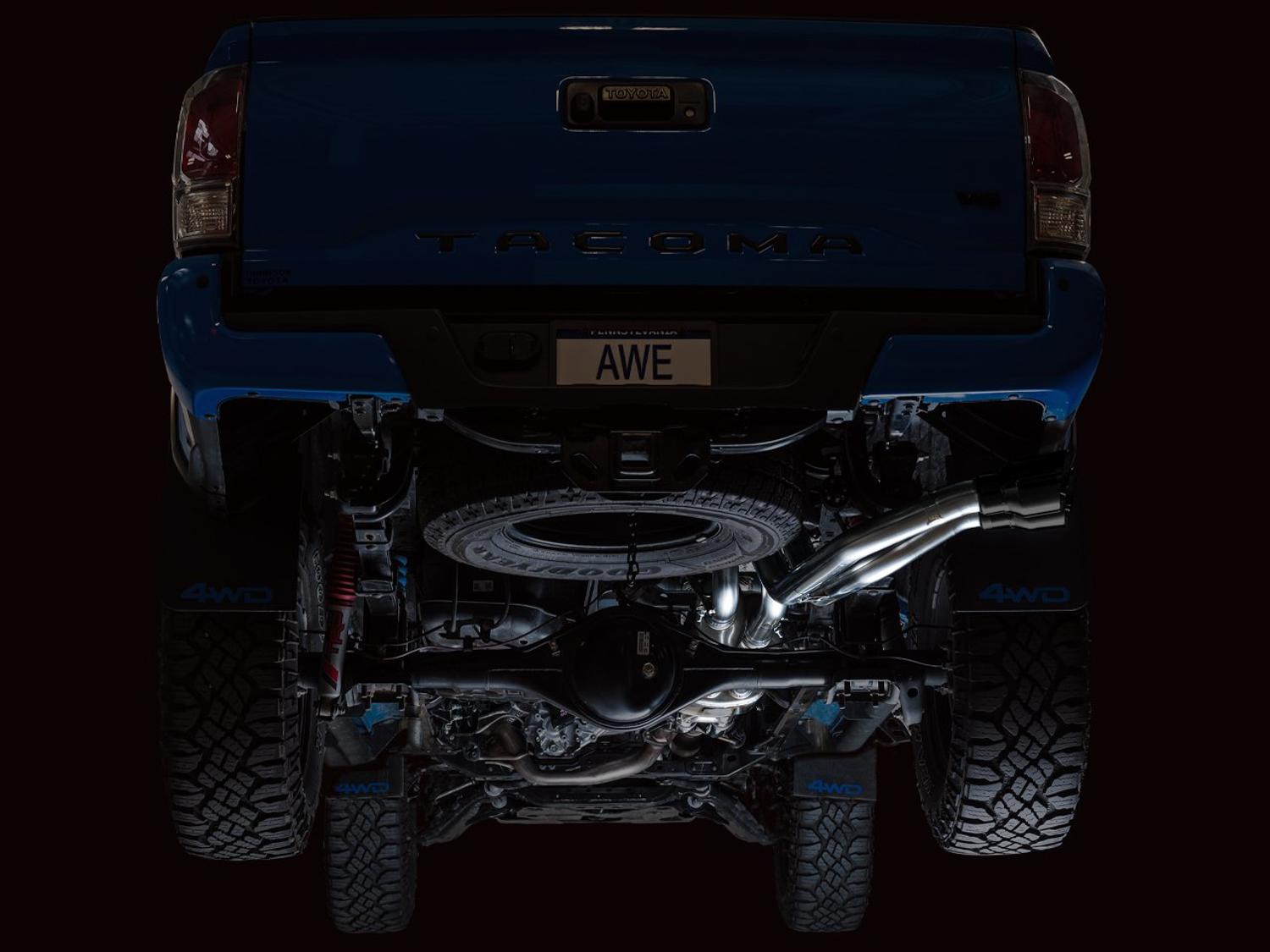 AWE 0FG Exhaust w/ Bashgaurd - Dual Diamond Black Tips (2016-2023 Tacoma 3.5L) - 3015-33826