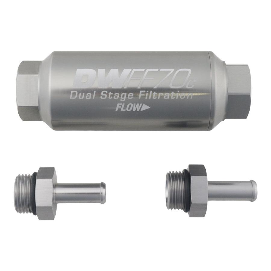 DeatschWerks 3/8 in, 10 micron, 70mm compact in-line fuel filter kit - 8-03-70C-010K-38