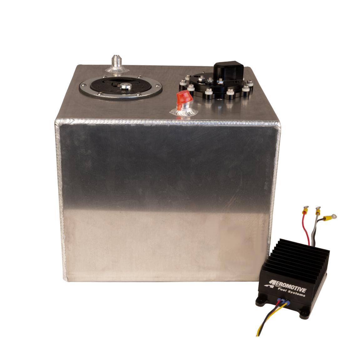 Aeromotive Brushless 90° A1000 6-Gal Stealth Fuel Cell with True Variable Speed Controller. Baffled to control slosh and includes ORB-10 outlet, AN-08 return and AN-08 - Rollover protected vent.  90° pump outlet and remote TVS for low profile. - 19301