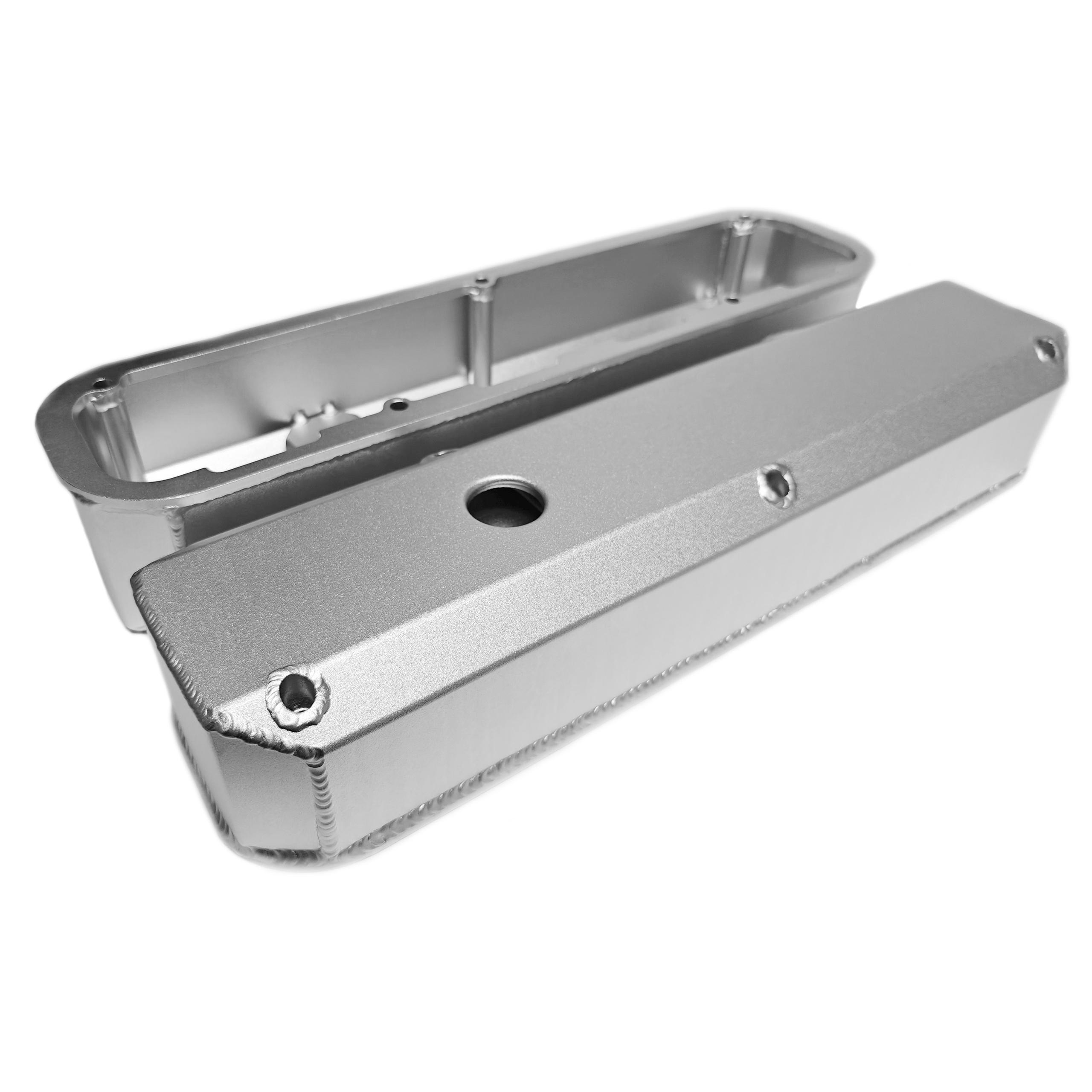 PRW Fabricated Aluminum Valve Covers, Chrysler-Mopar, Sbm 318 Fabricated Billet Rail With Vent Hole, Satin Silver Anodized - 4031800