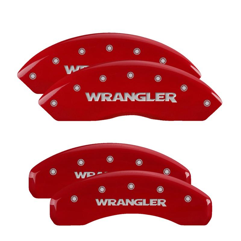 MGP Set of 4 caliper covers, Engraved Front and Rear: WRANGLER, Red powder coat finish, silver characters. (2007-2018 Jeep Wrangler, Jeep Liberty) - 42007SWRGRD