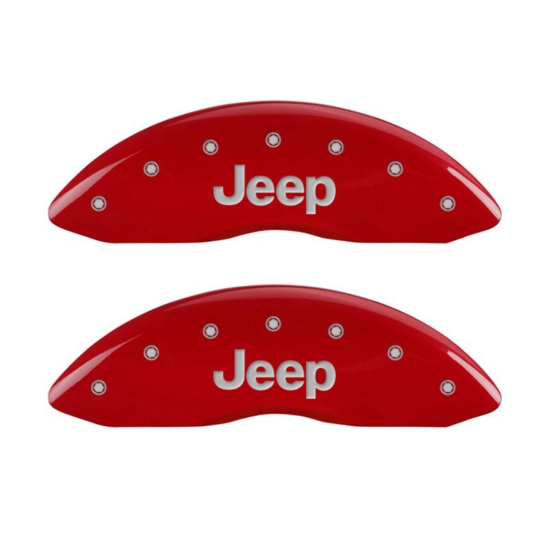 MGP Front set 2 caliper covers, Engraved Front: JEEP, Red powder coat finish, silver characters. (2008-2019 Jeep Patriot, Jeep Compass) - 42011FJEPRD
