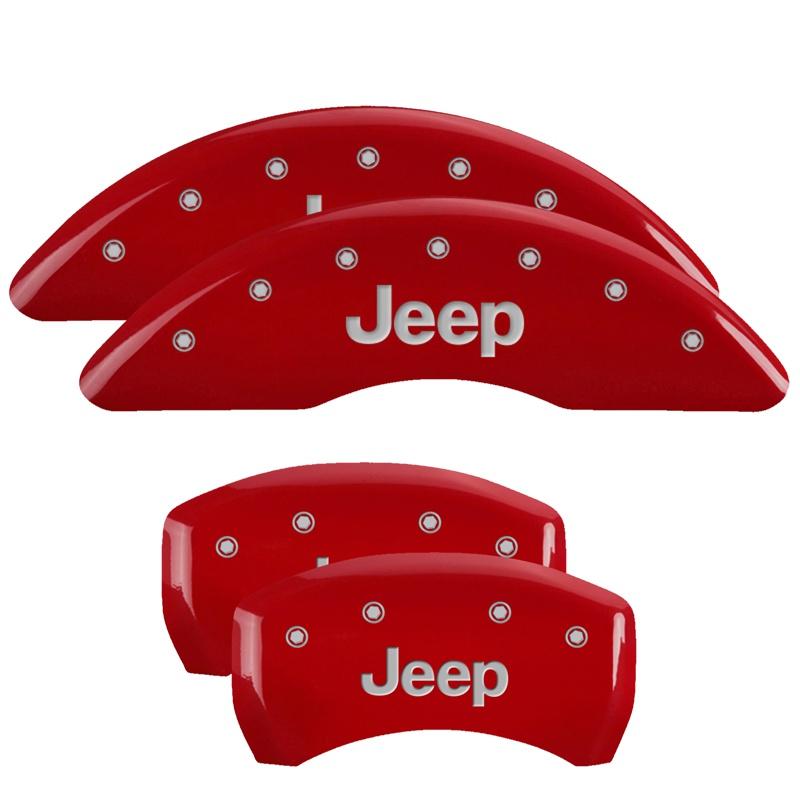 MGP Set of 4 caliper covers, Engraved Front and Rear: JEEP, Red powder coat finish, silver characters. (2014-2022 Jeep Cherokee) - 42012SJEPRD