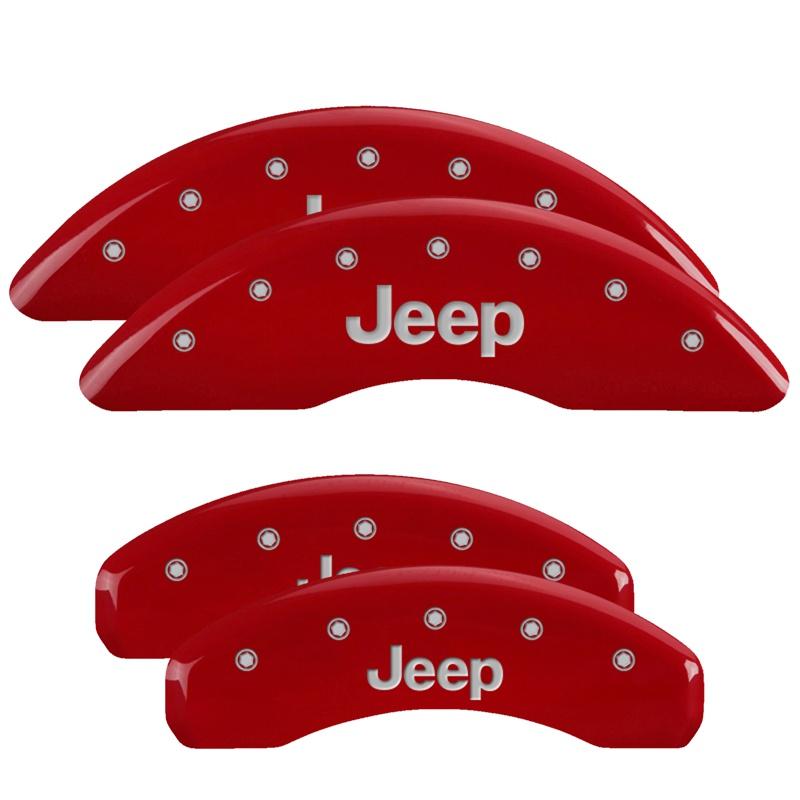 MGP Set of 4 caliper covers, Engraved Front and Rear: JEEP, Red powder coat finish, silver characters (2021-2022 Jeep Grand Cherokee L) - 42023SJEPRD