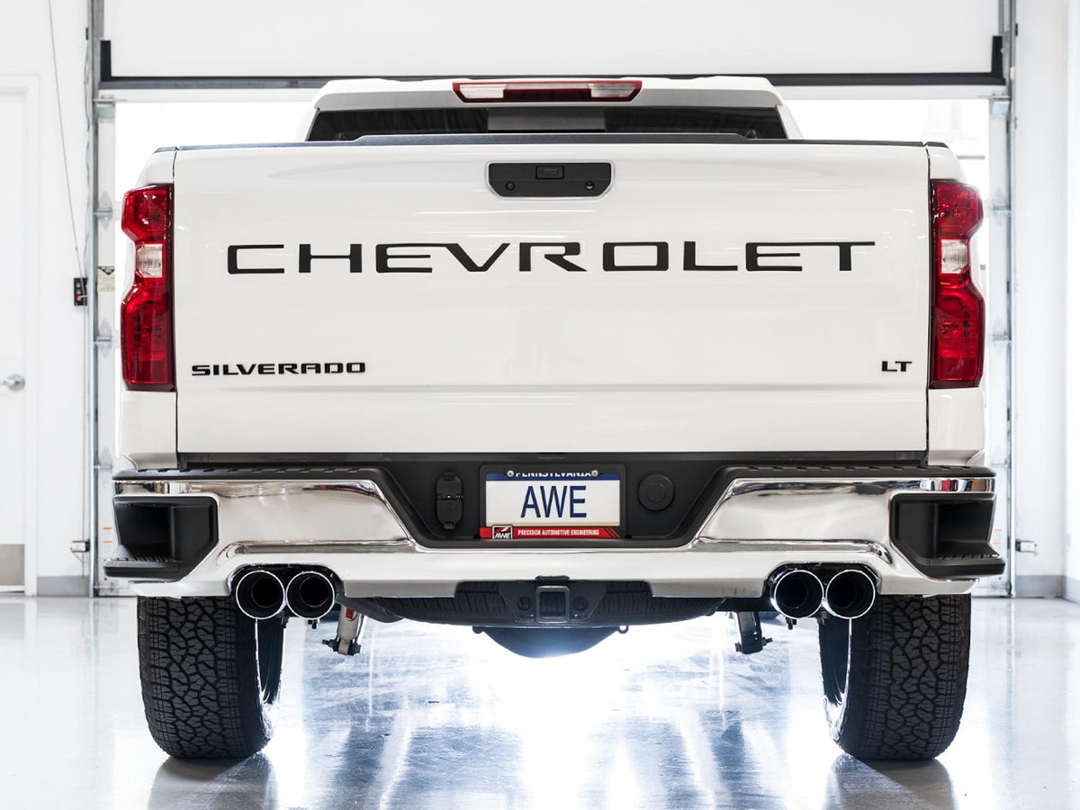 AWE 0FG Catback Split Rear Exit Exhaust for 4th Gen Silverado/Sierra 1500 6.2L (With Bumper Cutouts) - Quad Chrome Silver Tips - 3015-42203