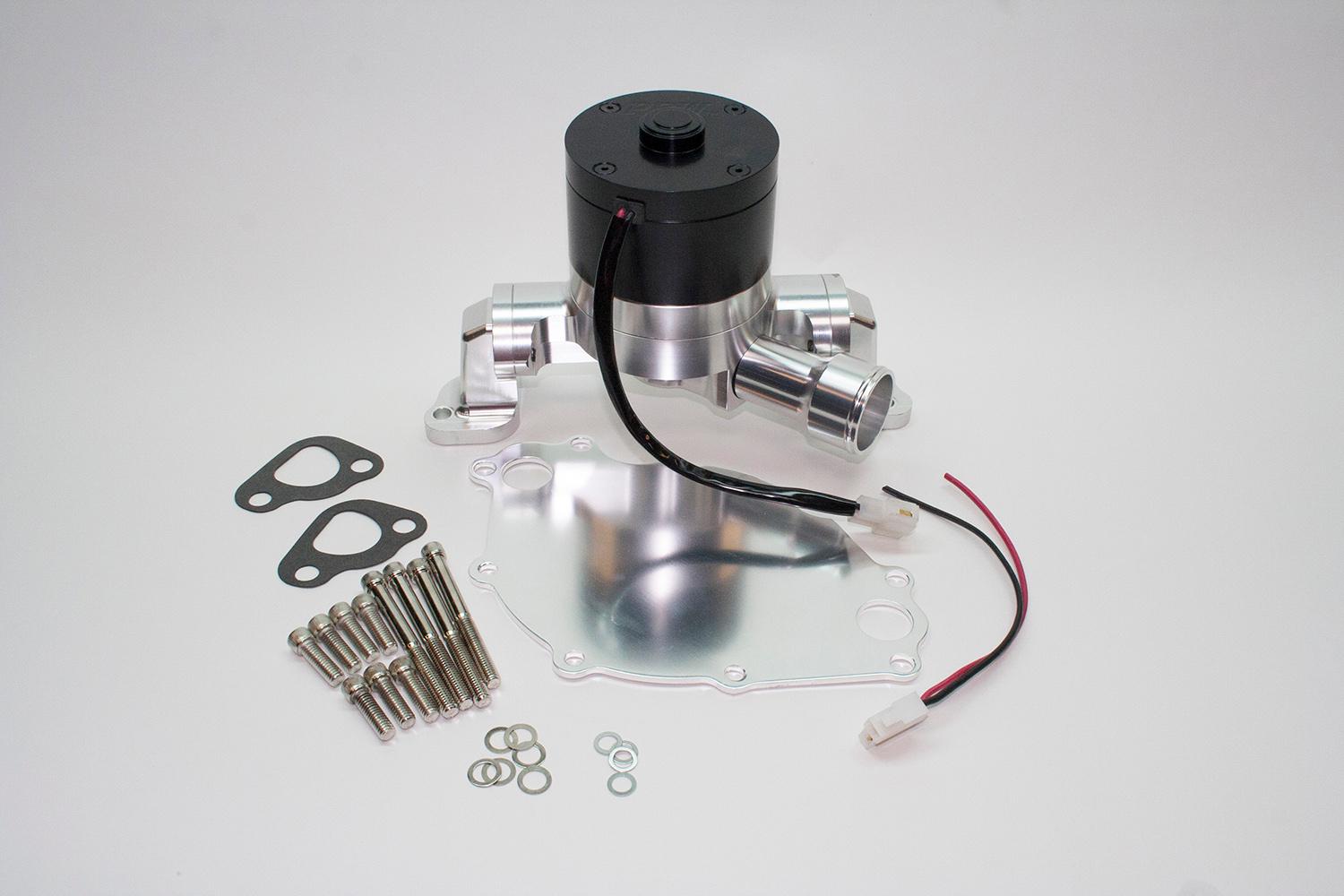 PRW Electric Water Pump, Billet Hv 55Gpm Series, Ford Sb 302-351W, Right Inlet, Polished Ca, Incl. Inlet With "O" Ring, Housing Cover Plate, Hardware & Pig Tail - 4530221