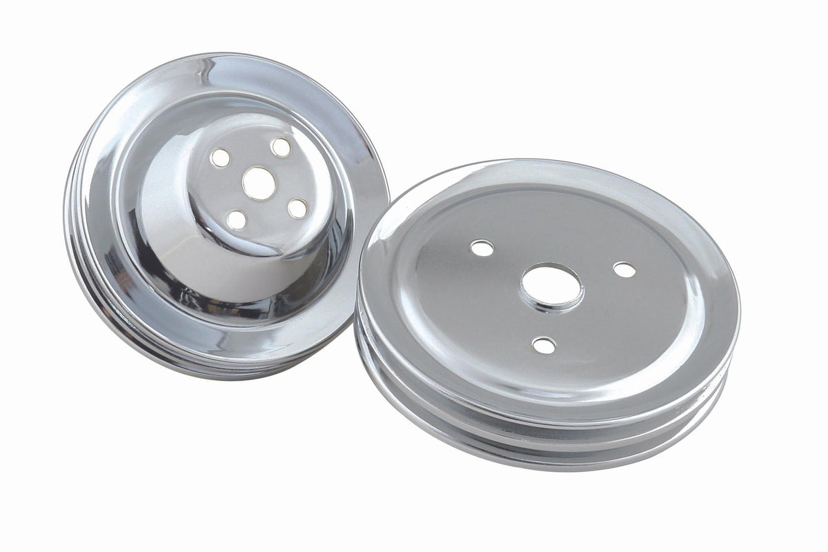 Mr. Gasket Chrome Pulley Set - Two Groove Upper &amp; Lower Pulleys.  - 4961