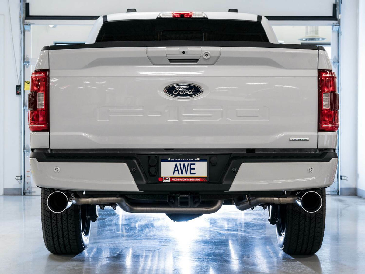 AWE 0FG 3" Dual Split Rear Catback Exhaust - 5" Chrome Silver Tips (2021-2025 F-150 2.7L / 3.5L / 5.0L) - 3015-32105