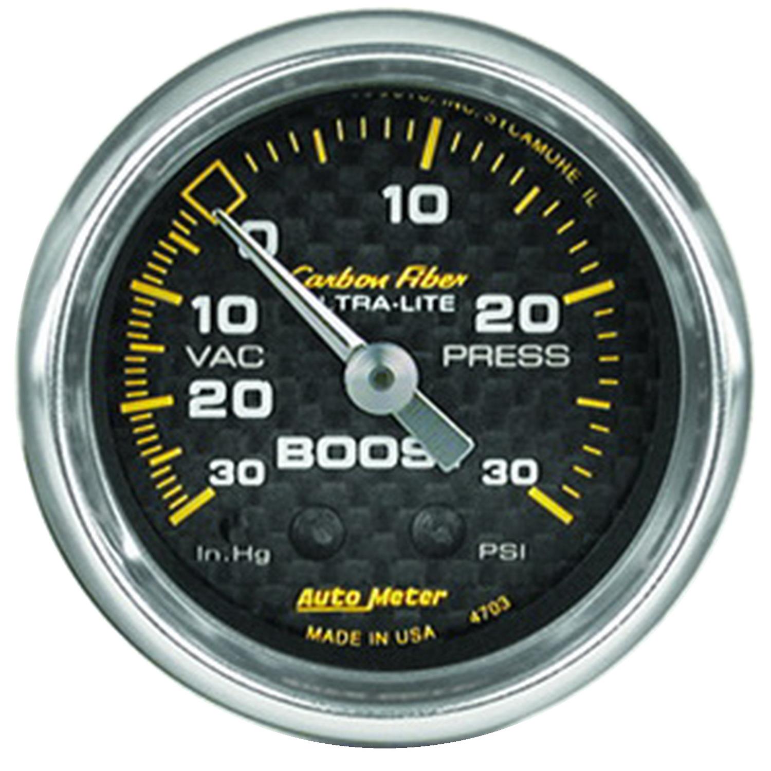 Auto Meter Gauge, Vac/Boost, 2 1/16" , 30Inhg-30Psi, Mechanical, Carbon Fiber - 4703