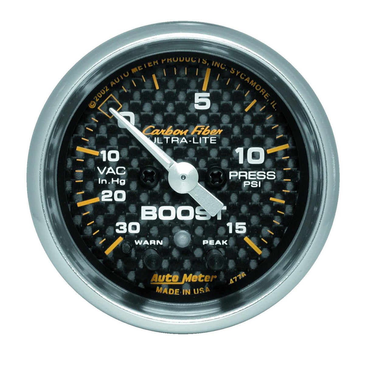 Auto Meter 2-1/16" BOOST/VACUUM, 30 IN HG/15 PSI, PEAK & WARN, CARBON FIBER - 4776