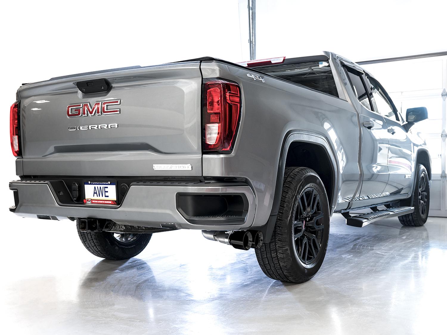 AWE 0FG Catback Dual Side Exit Exhaust for 4th Gen Silverado/Sierra 1500 5.3L (Flat Bumper) - Diamond Black Tips - 3015-23208