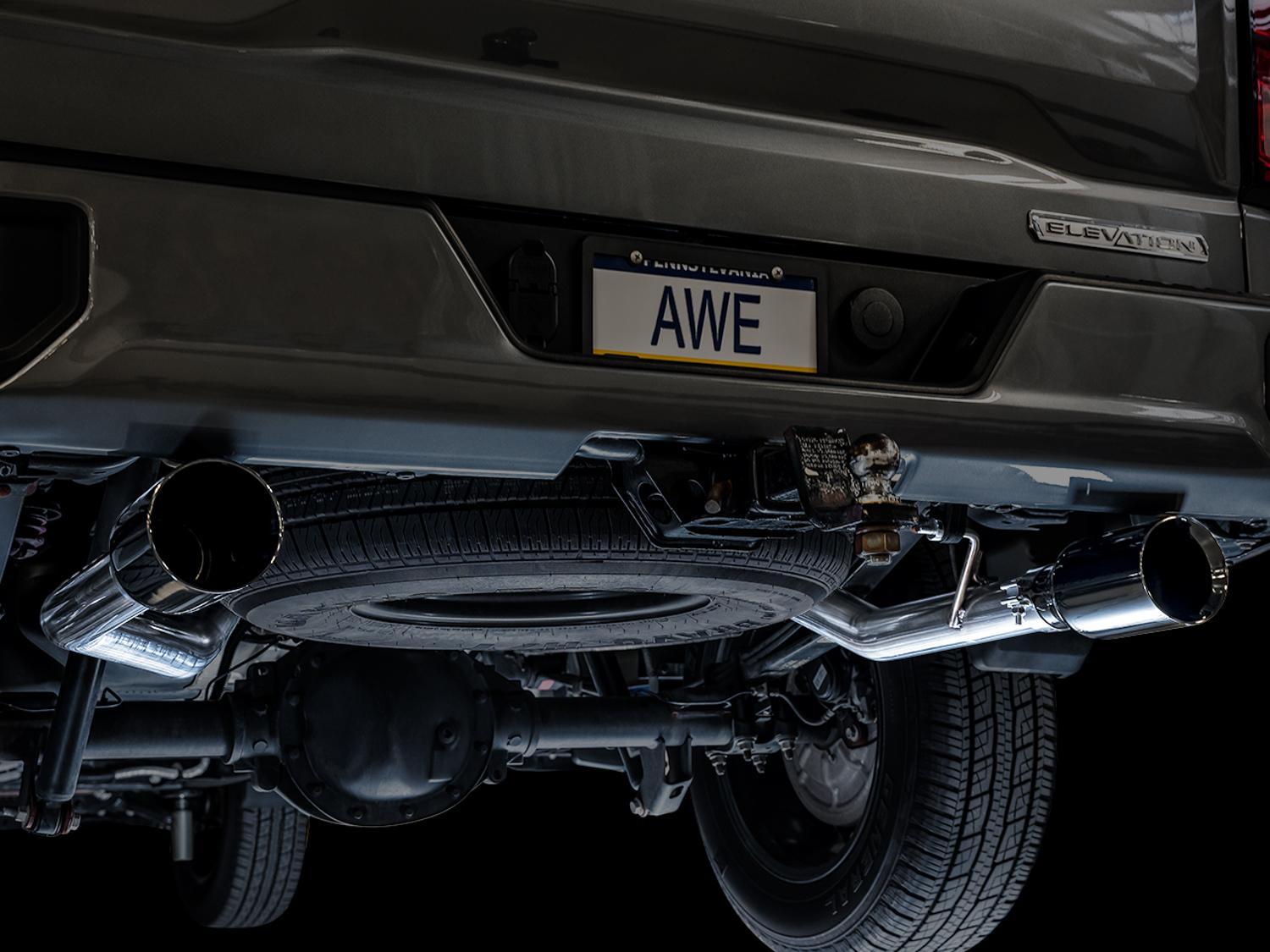 AWE 0FG Catback Split Rear Exit Exhaust for 4th Gen Silverado/Sierra 1500 5.3L (Flat Bumper) - Dual Diamond Black Tips - 3015-33206