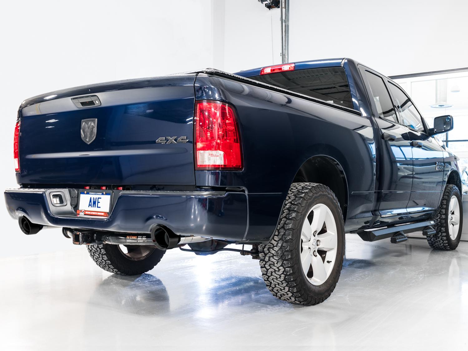 AWE 0FG Dual Rear Exit Catback for 4th Gen RAM 1500 5.7L (with bumper cutouts) - Diamond Black Tips - 3015-33004