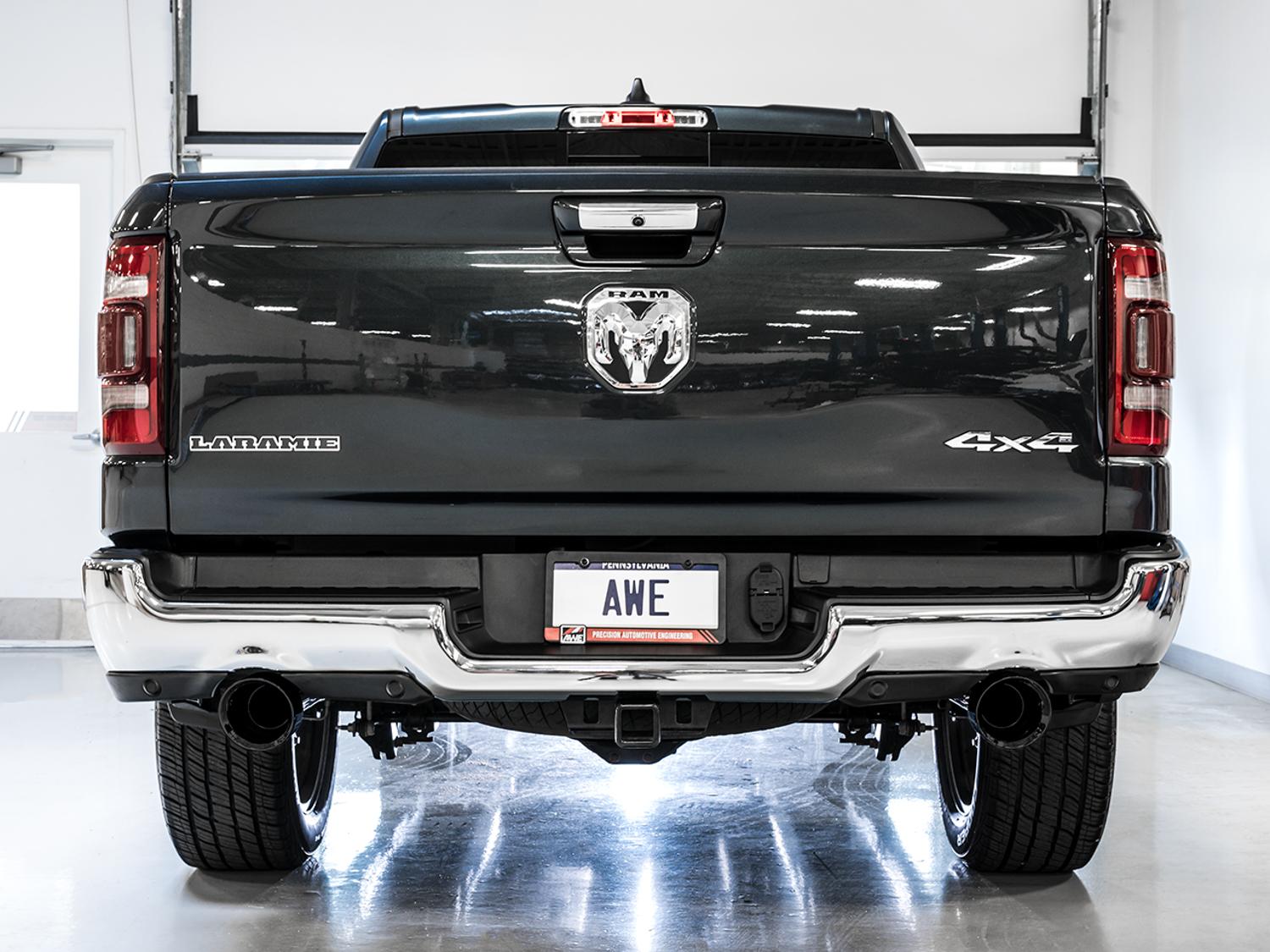 AWE 0FG Dual Rear Exit Catback for 5th Gen RAM 1500 5.7L (with bumper cutouts) - Diamond Black Tips - 3015-33006