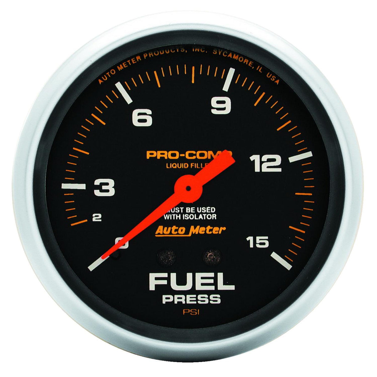 Auto Meter 2-5/8" FUEL PRESSURE W/ ISOLATOR, 0-15 PSI, LIQUID FILLED, PRO-COMP - 5413