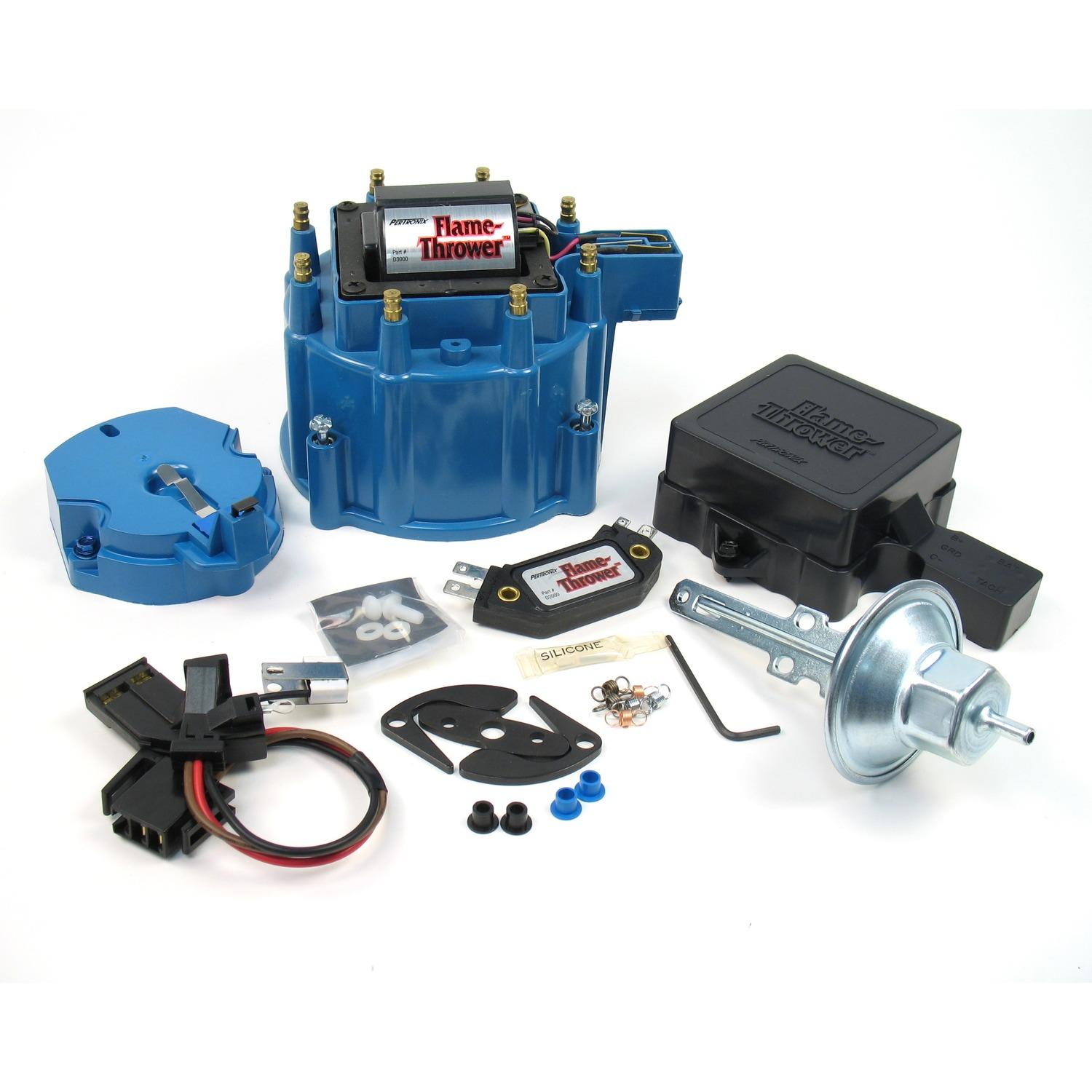 Pertronix Flame Thrower Tune-Up Kit For Chevy & Cadilac Hei Distributors With Red/Yellow Coil Wire. Street / Strip Module, Blue Cap. - D8002