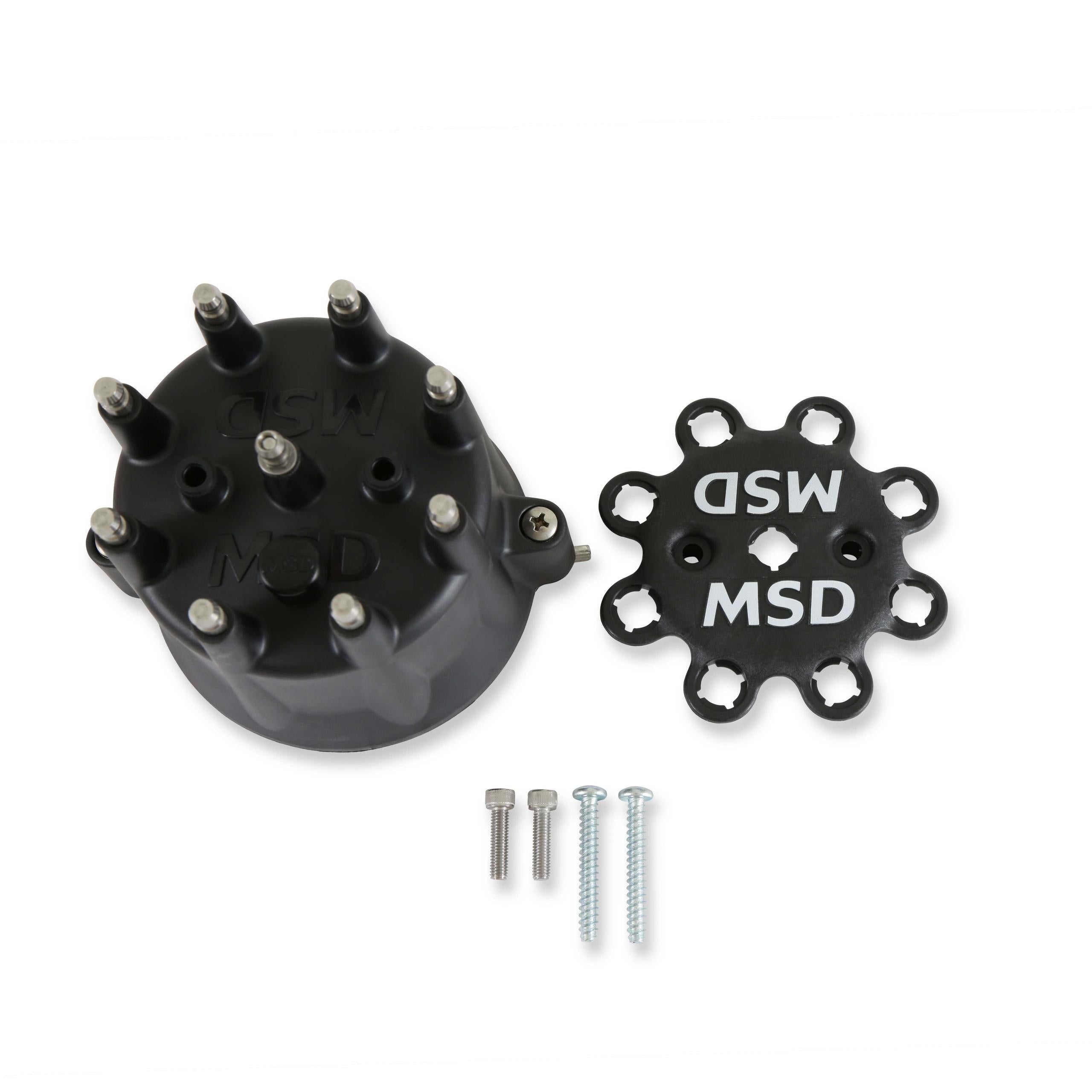 Black, V8 Distributor Cap with HEI Terminals and Spark Plug Wire Retainer.  - 84333