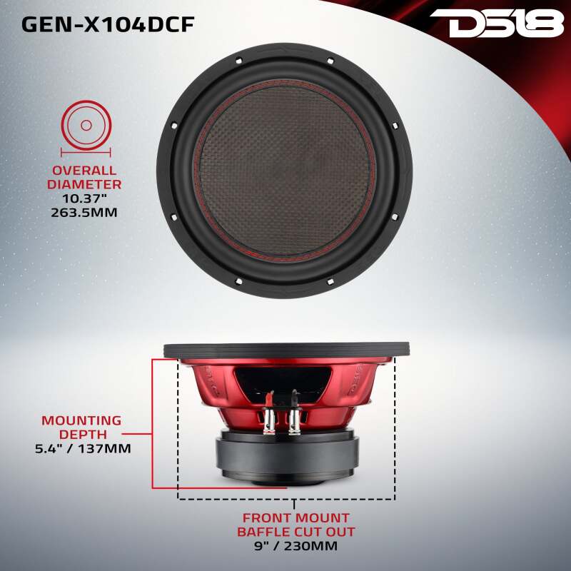 DS18 10in 600 Watts RMS 4ohm DVC Carbon Fiber Dust Cap