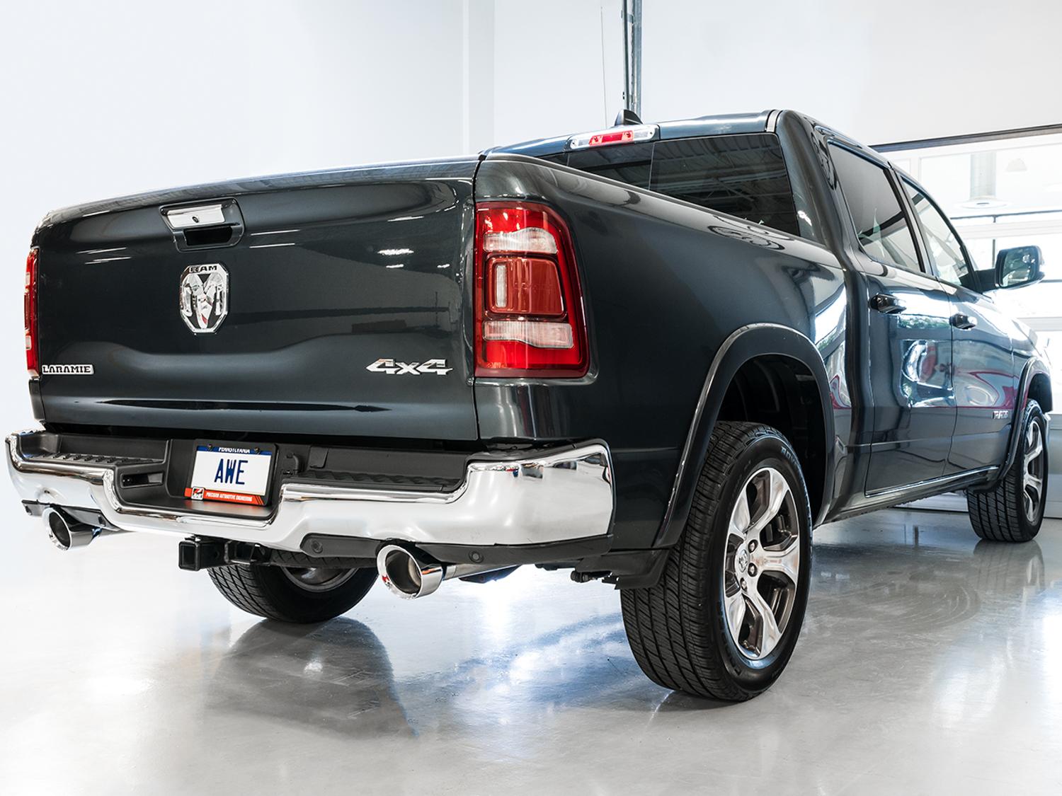 AWE 0FG Dual Rear Exit Catback Exhaust for 5th Gen RAM 1500 5.7L (with bumper cutouts) - Chrome Silver Tips - 3015-32005