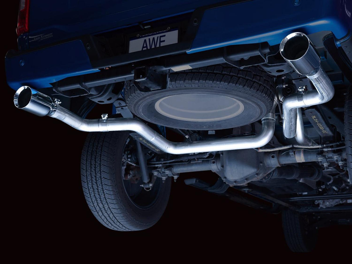AWE 0FG 3" Dual Split Rear Catback Exhaust - 5" Chrome Silver Tips (2021-2025 F-150 2.7L / 3.5L / 5.0L) - 3015-32105