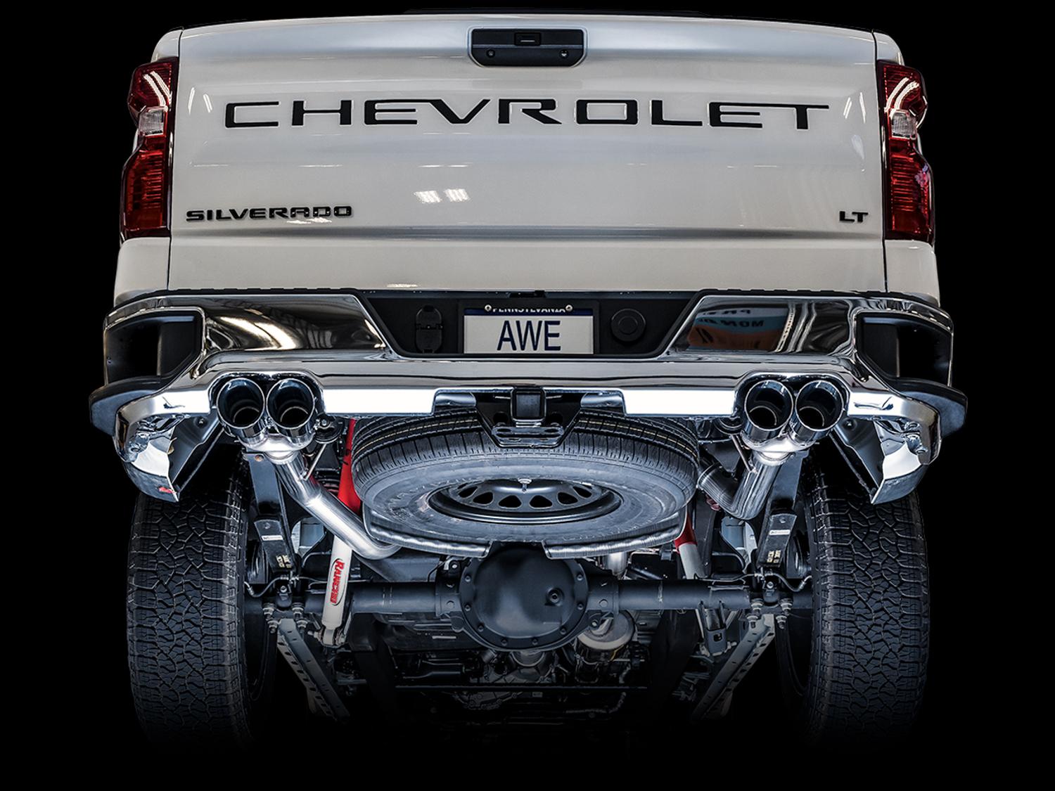AWE 0FG Catback Split Rear Exit Exhaust for 4th Gen Silverado/Sierra 1500 5.3L (With Bumper Cutouts) - Quad Chrome Silver Tips - 3015-42201