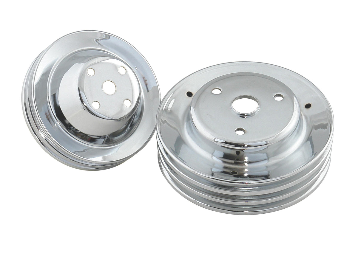 Mr. Gasket Chrome Pulley Set - Double Groove Upper, Triple Groove Lower.  - 4963