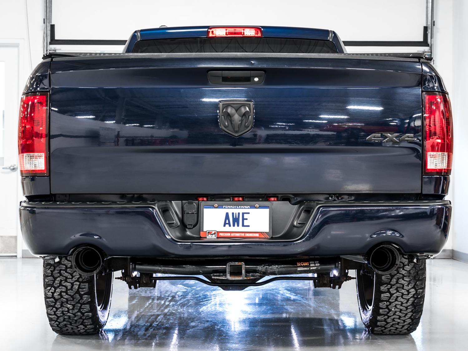 AWE 0FG Dual Rear Exit Catback for 4th Gen RAM 1500 5.7L (with bumper cutouts) - Diamond Black Tips - 3015-33004