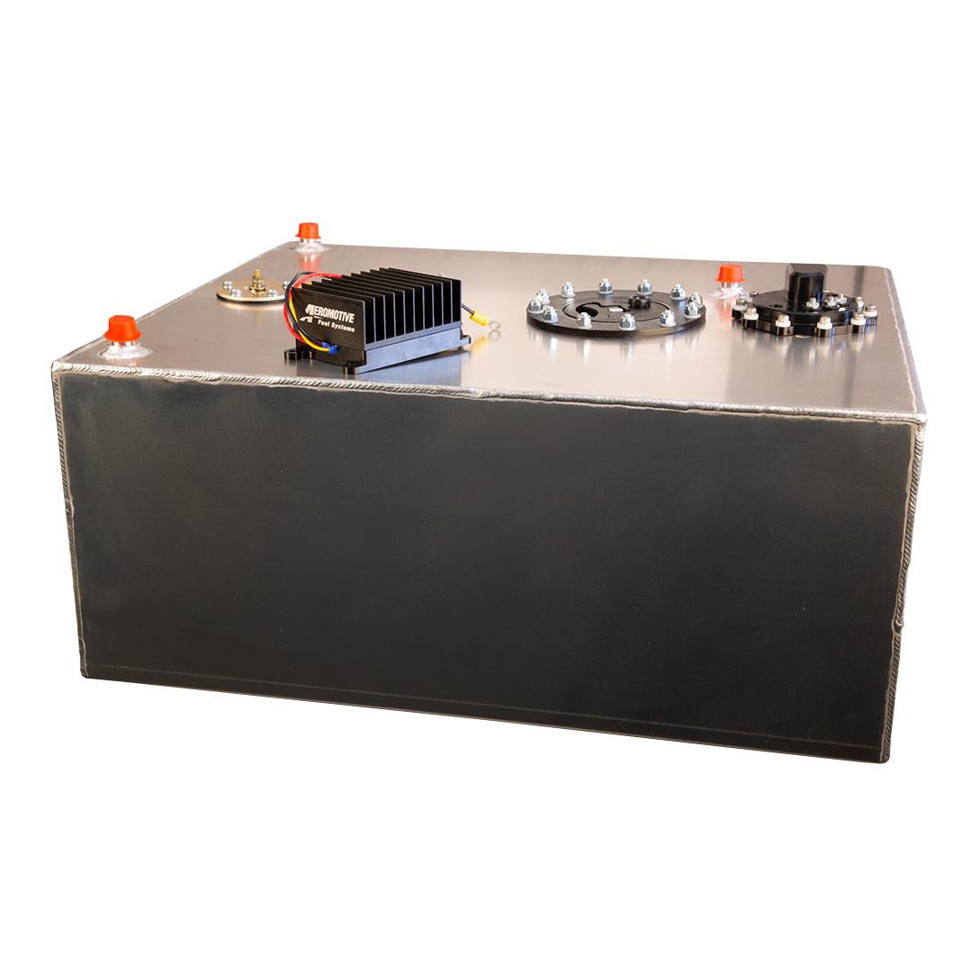 Aeromotive Brushless 90° Eliminator 20-Gal Stealth Fuel Cell with True Variable Speed Controller. Baffled to control slosh and includes ORB-10 outlet, AN-08 return and AN-08 - Rollover protected vent. 90° pump outlet and remote TVS for low profile. - 1931