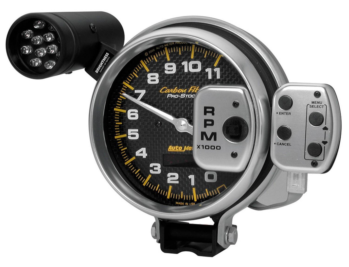 Auto Meter 5" TACHOMETER, 0-11,000 RPM, PRO-STOCK PEDESTAL W/ SUPER LITE & PEAK MEM, CARBON FIBER - 6836